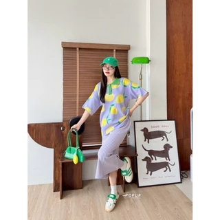 POP UP (Lemon Pop) ชุดเซ็ตผ้าคาร์ดิแกนทอลาย + กระโปรงไหมพรม (FreeSize S–2XL ใส่ได้)