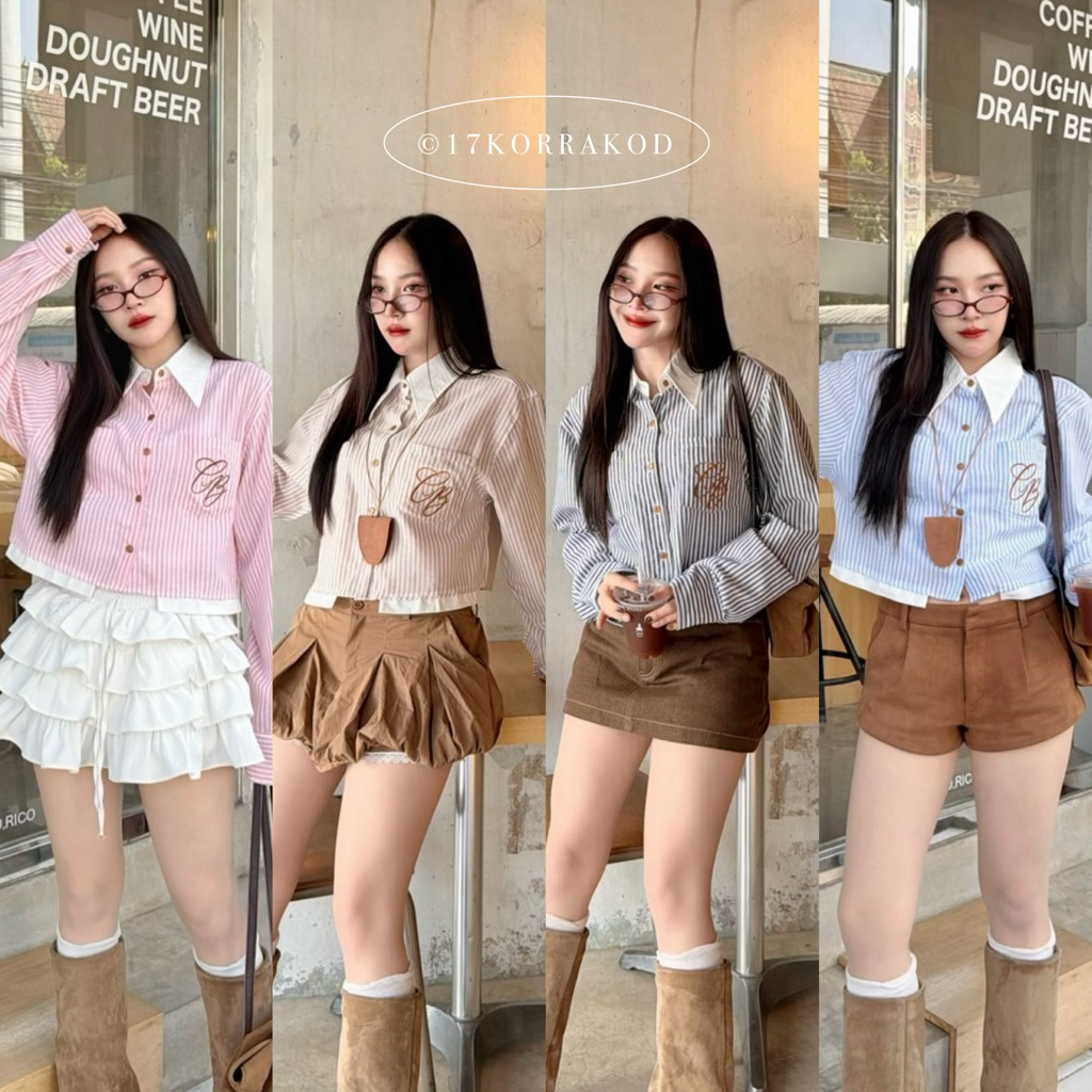 🌻เสื้อครอปเชิ้ตทรงโอเวอร์ไซส์แขนยาว แต่งกระเป๋าหน้างานปัก CROP SHIRT (Cookies bear)