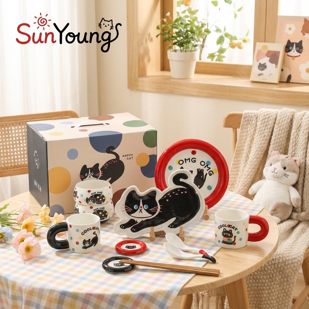 SunYoung ชุดจานชามเซรามิก ลายแมว 🐱 ชุดทานข้าว ถ้วย แก้วน้ำ เข้าไมโครเวฟได้ 🎁 พร้อมกล่อง ส่งไว