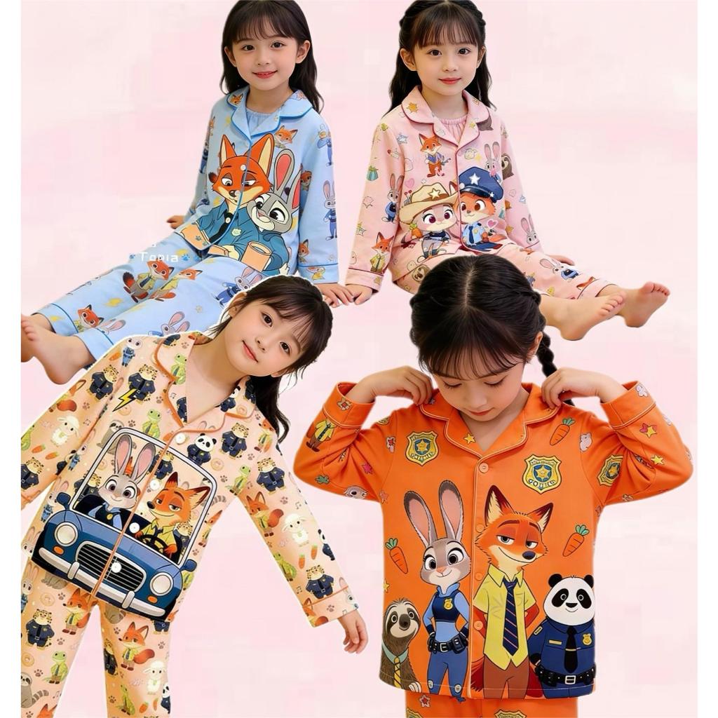 BB187 ชุดนอนเด็กขายาว ลายการ์ตูนสัตว์แนวตำรวจ เพื่อนสัตว์ สีสดใส เหมาะกับเด็กเล็ก–เด็กโต