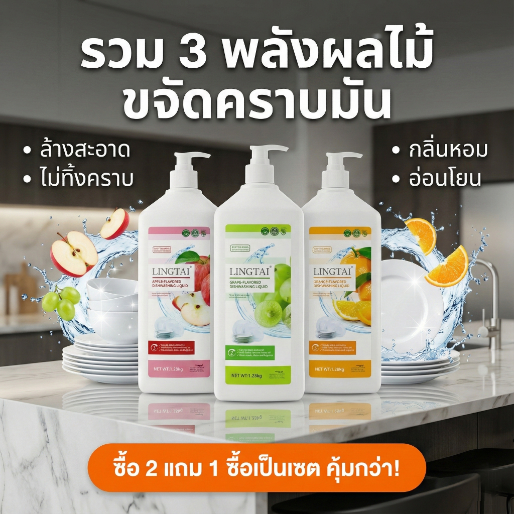 [ซื้อ 2 แถม 1] LINGTAI น้ำยาล้างจาน 1.28kg สูตรเข้มข้น ขจัดคราบมัน กลิ่นผลไม้ หอมสดชื่น ถนอมมือ