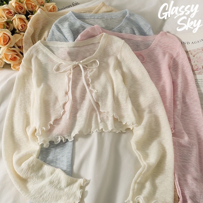 Glassy Sky😜พร้อมส่ง ​เสื้อคลุมไหมพรมซีทรู ดีเทลปลายหยัก ผ้าบางใส่สบาย ใส่สบาย(Q605)​