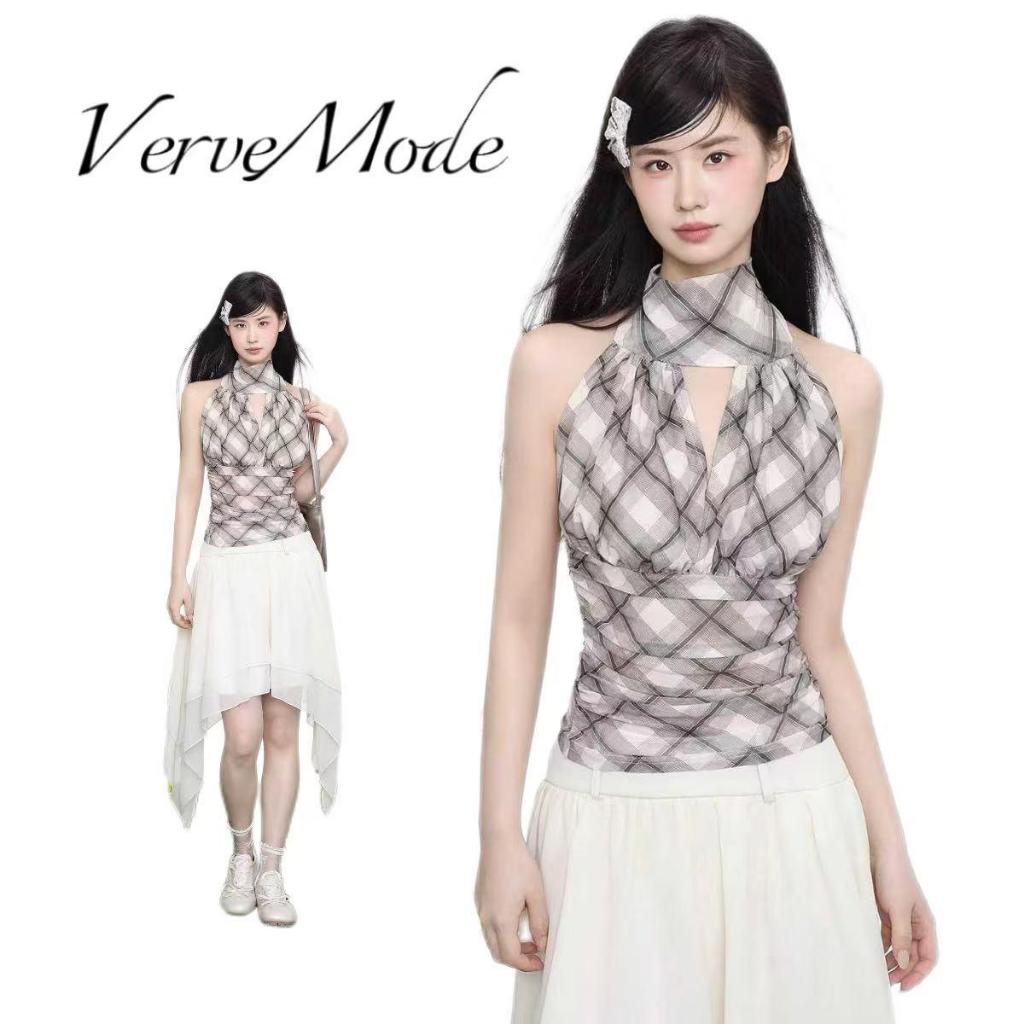 VerveMode.🍓จัดส่งในประเทศไทย🍓เสื้อกล้ามคอกลมลายสก็อตสไตล์อเมริกันสำหรับผู้หญิงในช่วงฤดูร้อน สายรัดเข้ารูป แขนกุด ด้านหลั
