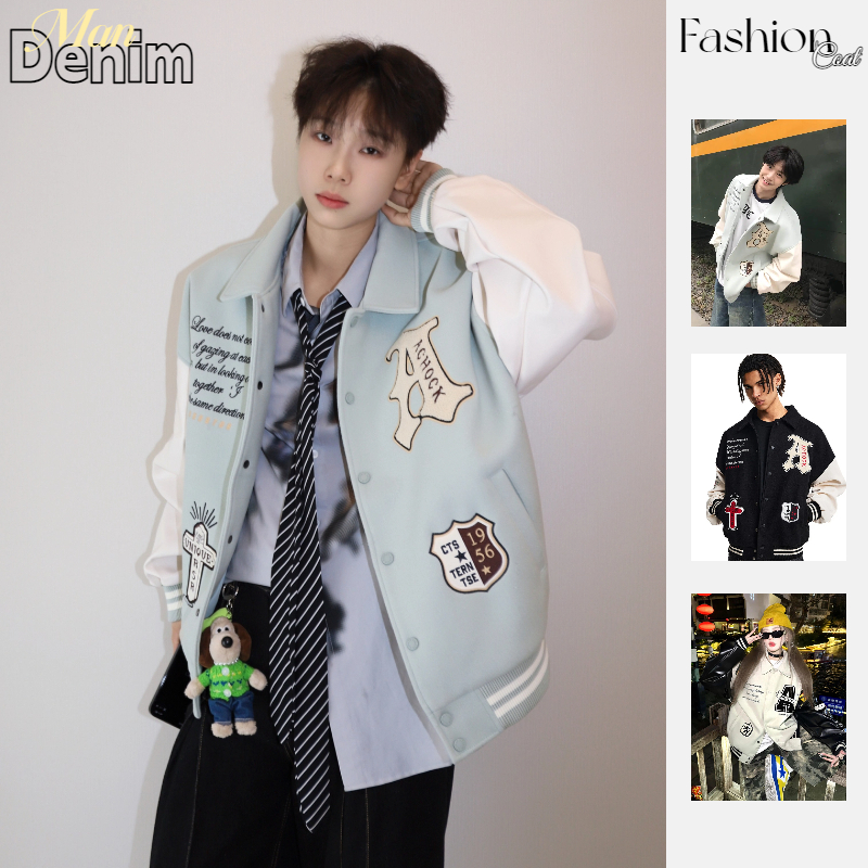 🔆ManDenim🔆 เสื้อแจ็คเก็ตผู้ชาย เสื้อแจ็คเก็ตเบสบอล สไตล์อเมริกันเรโทร ดีไซน์สีตัดกัน พิมพ์ลายตัวอักษร เสื้อโค้ทคู่รัก
