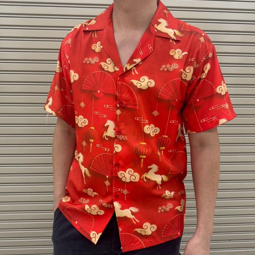 เสื้อฮาวาย ลายพื้นแดง เน้นคนเกิดวันอาทิตย์หรือชอบสีแดง Set AA ผ้าไหมอิตาลี ผ้าดีใส่สบาย มีถึง 5ไซส์เลยน๊าา