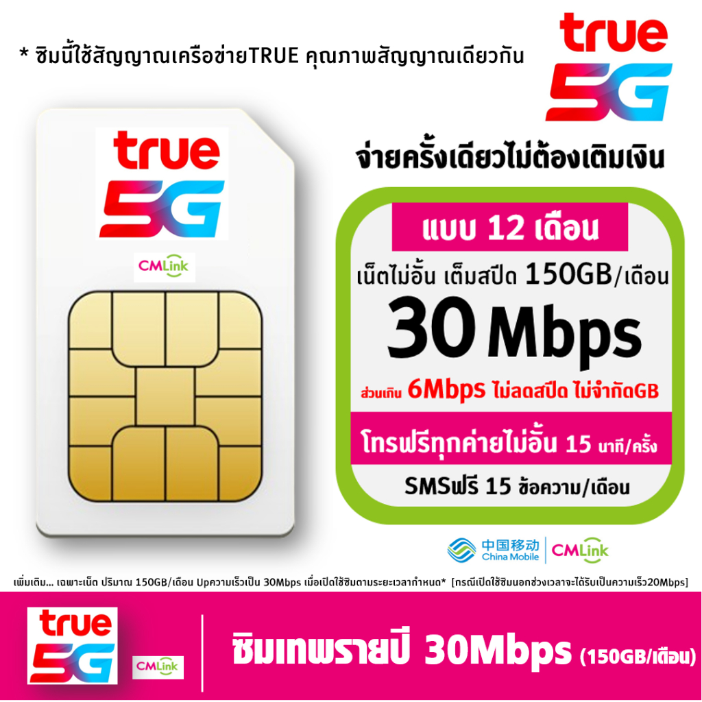 [ Set 3 ] ซิมเทพ ทรู  TRUE cmlink เน็ตรายปี  20mbps 1ปี 100GB/เดือน โทรฟรี* , เน็ต 6Mbps ไม่อั้น ไม่