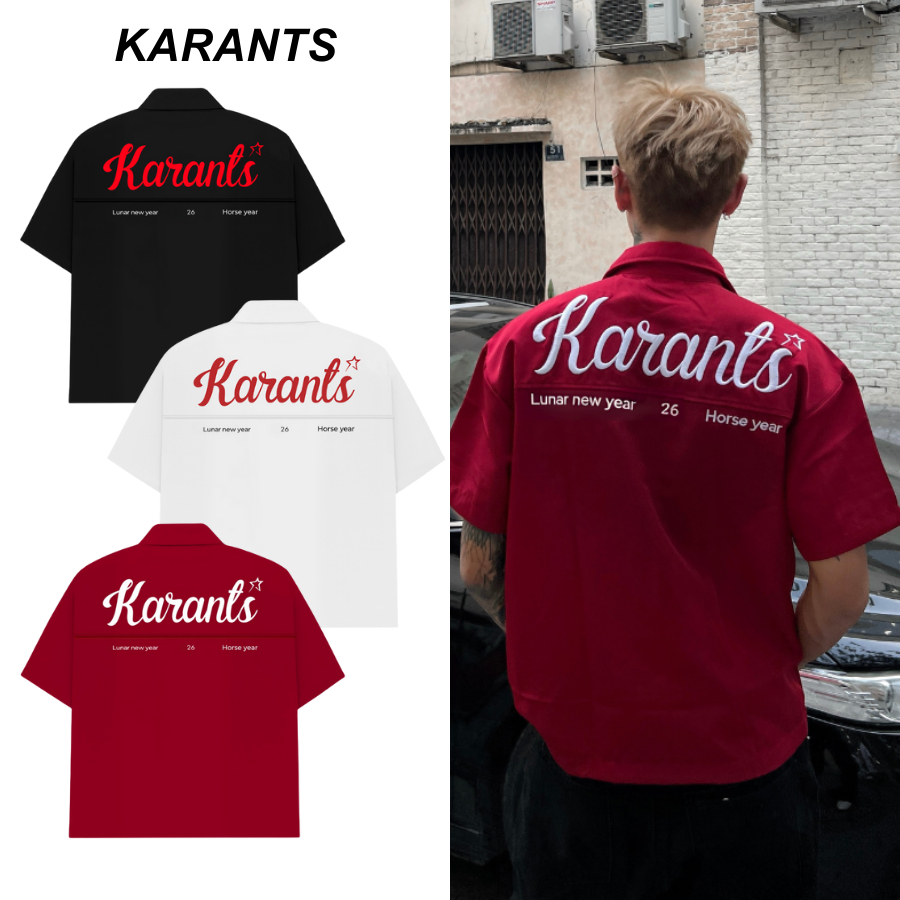 (คอลเลกชันตรุษจีน 2026) Karants เสื้อเชิ้ต Boxy ตรุษจีน ลายม้า กระเป๋าทรงกล่อง ปักนูน สไตล์สตรีทแวร์