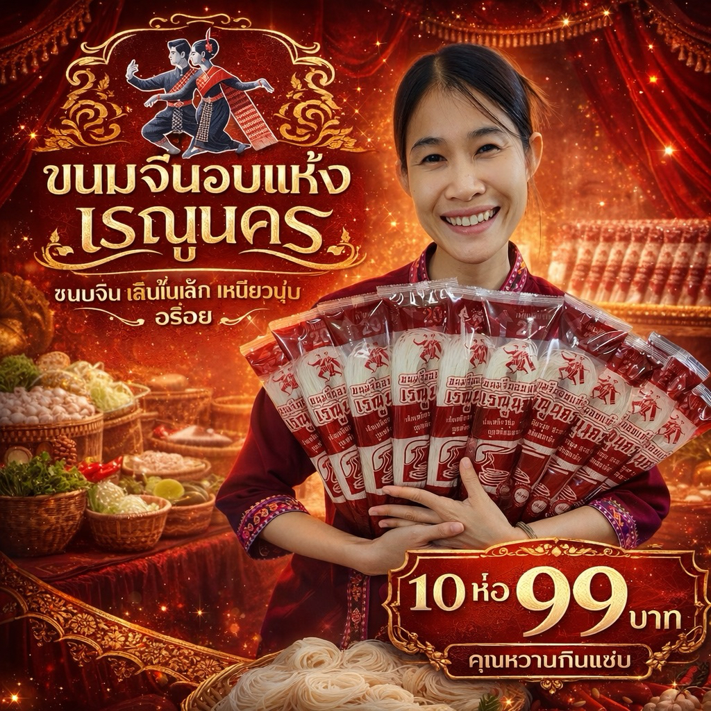 ขนมจีนเรณูนครเส้นสด 1ชุด10ห่อ99บาท ขนาดห่อ60กรัม(แพคเกจใหม่) ไม่ใส่สารกันเสียเก็บไว้ทานได้1ปี
