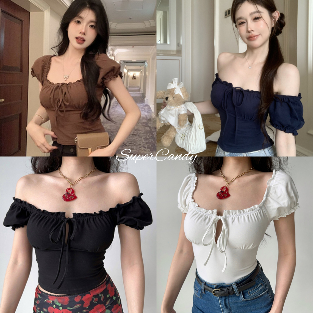SuperCandy🌷เสื้อยืดแขนสั้นทรงพองผูกโบว์สไตล์สาวหวานและเซ็กซี่ เสื้อท็อปเปิดไหล่ระดับไฮเอนด์สำหรับผู้หญิง