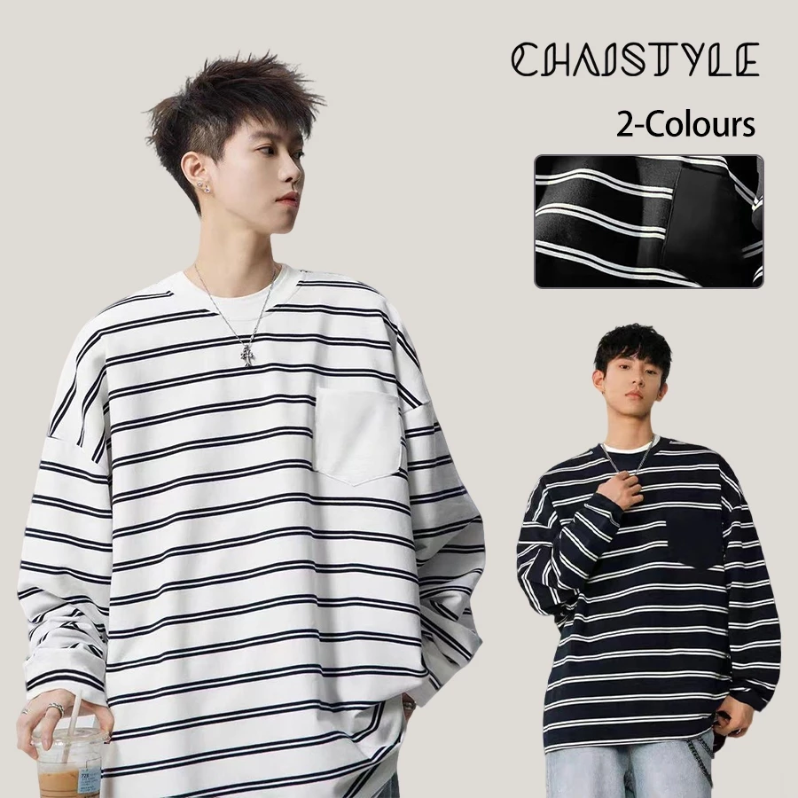 Chaistyle เสื้อแขนยาวลายทาง วินเทจ ชุดคู่รัก แนวสตรีท พิมพ์ลาย สันทนาการ