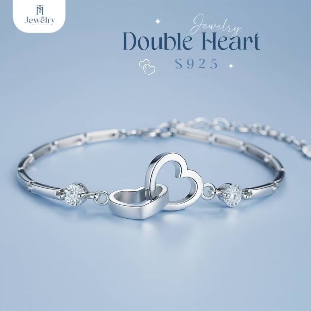 TM Jewelry สร้อยข้อมือเงินแท้ 92.5% รุ่น Double Heart หัวใจคู่คล้องกัน สร้อยข้อมือผู้หญิง กำไลข้อมือผู้หญิง กำไลเงิน