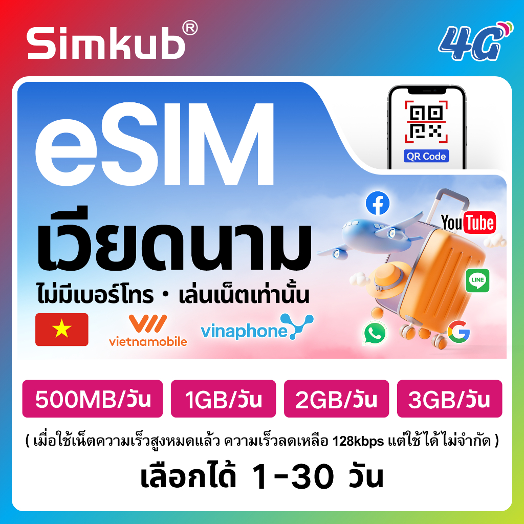 eSIM Vietnam เครือข่าย Vietnamobile/Vinaphone ซิมท่องเที่ยว เวียดนาม เน็ต 500MB-3GB/วัน รองรับ 4G เล