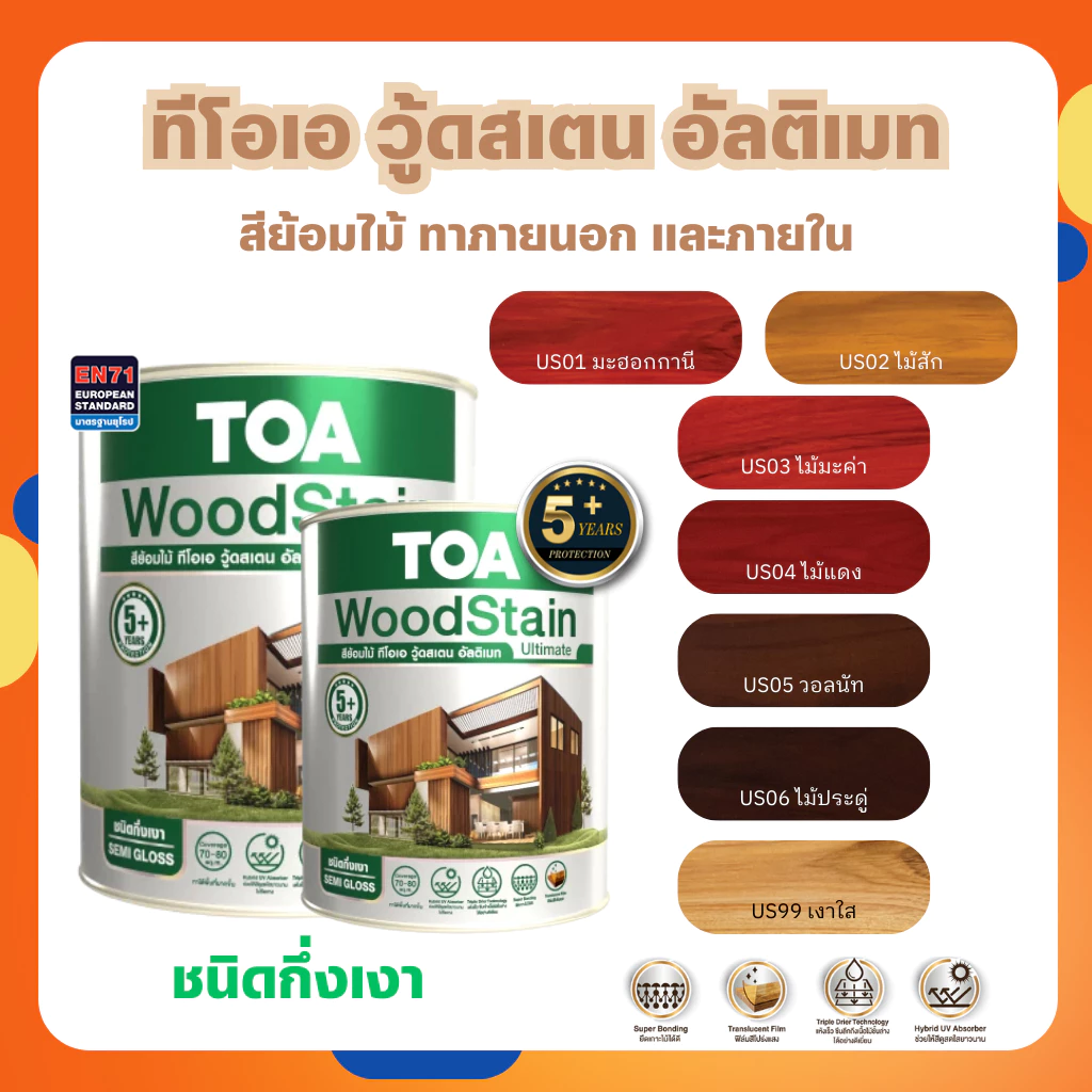 รวมทุกขนาด TOA สีย้อมไม้ วู้ดสเตน อัลติเมท ชนิดกึ่งเงา สีไม้สัก ไม้วอลนัท สีทาผนังไม้ ผนังไม้ สีทาไม้