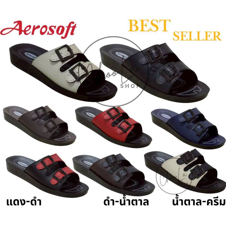 Aerosoftรองเท้าแตะผู้หญิง เพื่่อสุขภาพ พื้นนุ่มใส่สบายใส่ได้ทุกวัย สายปรับได้  แอโร่ซอฟ รุ่น  LA2101-2104 เปิดส้นคาดหน้า