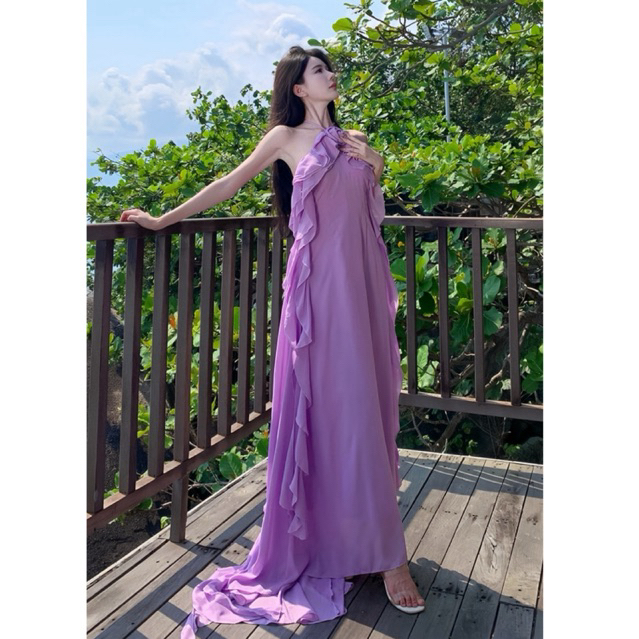 Phathira Brand (ภธิรา) เดรสชีฟองยาวสีม่วงหวาน new ดอกไม้ที่อกคร้องคอ แต่งระบายแมงกะพรุนรอบตัว(ส่งจากกรุงเทพทุกรุ่นนะคะ)