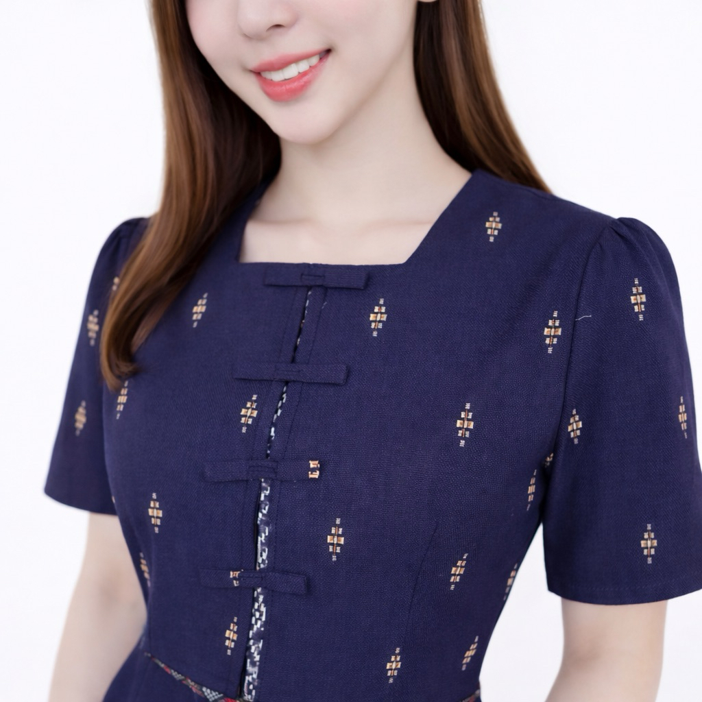 ชุด2in1 มีซิปหลังและสม็อคหลัง แต่งกระดุมจีน 4 อัน เดรส Dress เสื้อผ้าผู้หญิง ชุดทำงาน ชุดผ้าไทย - รูปที่ 6