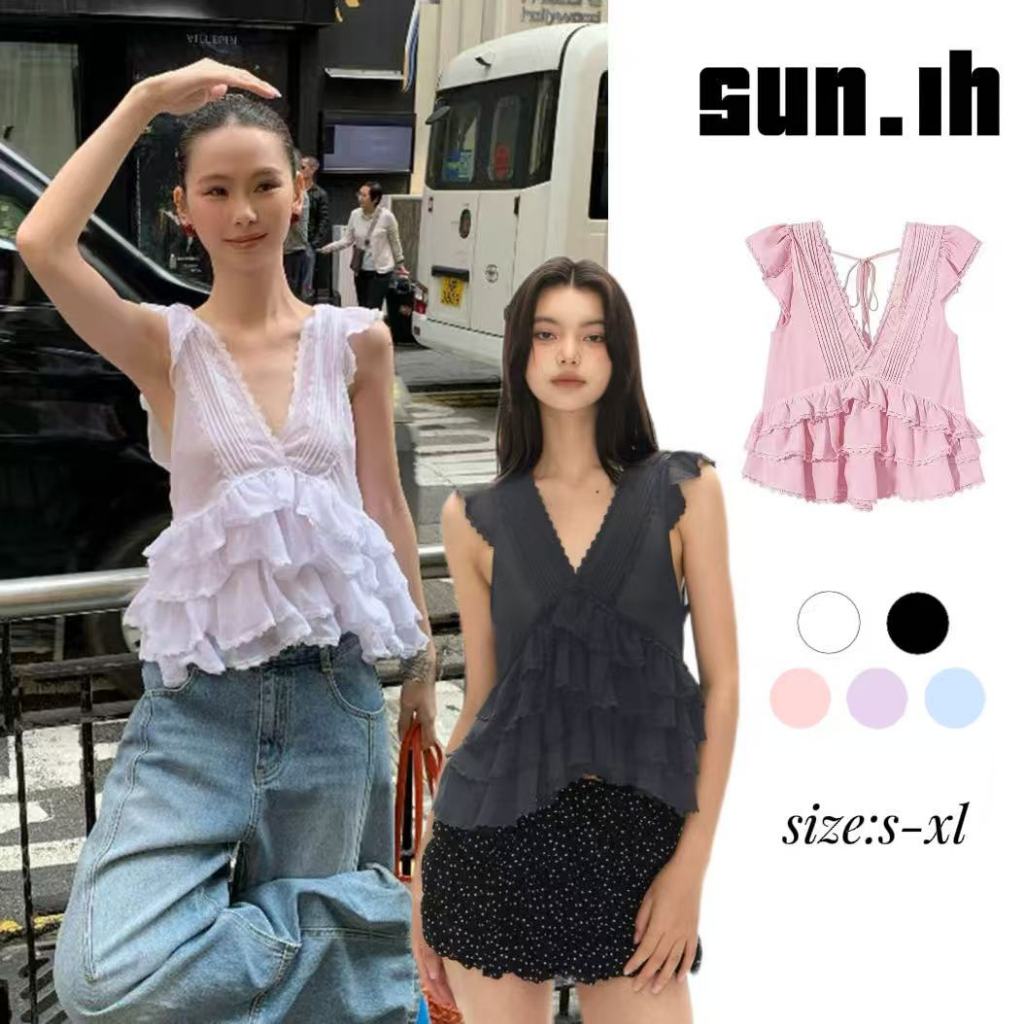 SUN🛍️พร้อมส่ง🛍️ เสื้อคอวี แขนกุด แต่งลูกไม้รอบตัว เชือกผูกหลัง