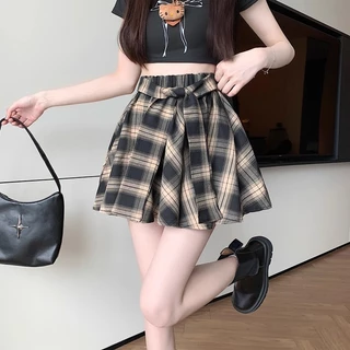 S~5XL Mini Plaid skirt สีน้ำตาล กระโปรงลายสก็อตเอวสูงสไตล์เกาหลีเรโทร กระโปรงสั้นทรงเอไลน์แบบไม่สมมาตรสุดเก๋ HOT