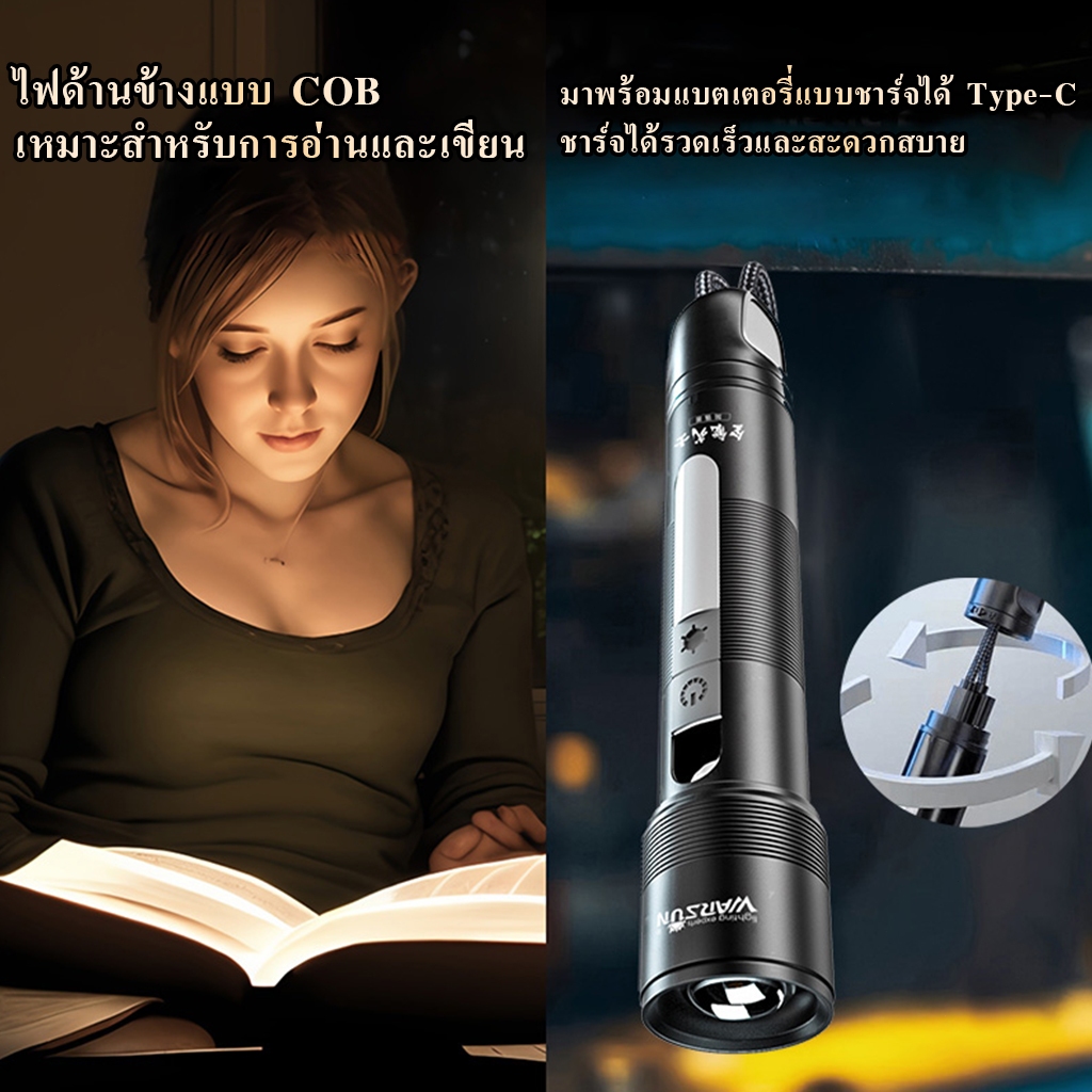 ไฟฉาย LED Warsun NB01  ซูมได้   กันน้ำ IPX5  ชาร์จ Type-C  โหมดไฟ 9 โหมด  แบตเตอรี่ชาร์จได้  สำหรับกิจกรรมกลางแจ้ง - รูปที่ 5