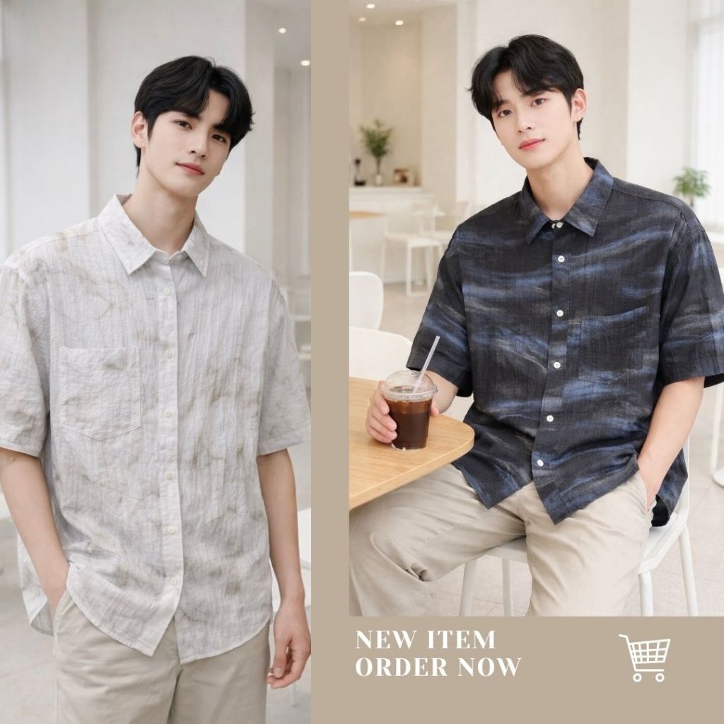 11.WOLF  Arthur เสื้อเชิ๊ตแขนสั้น เสื้อเชิ้ตเกาหลีผู้ชาย เสื้อคอปก/  H310