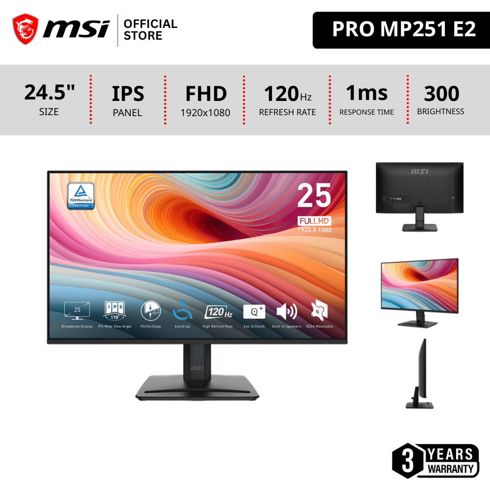 MSI PRO MP251 E2 Monitor จอคอมพิวเตอร์ สีดำ 24.5" 1920 x 1080 (FHD) IPS 120Hz