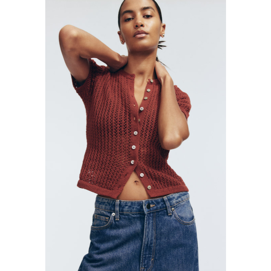 H&M(เอชแอนด์เอ็ม) คาร์ดิแกนผ้าถักลายพอยแตลล์ Women Pointelle-knit cardigan 1318998_1