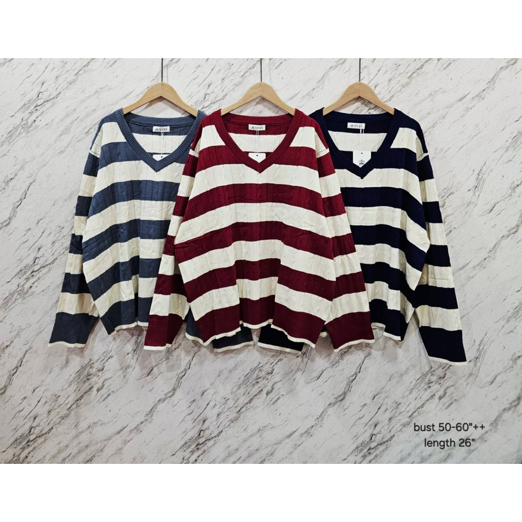 เสื้อไหมพรมแขนยาวคอวีผ้าร่องลายเปียลายริ้วVivi