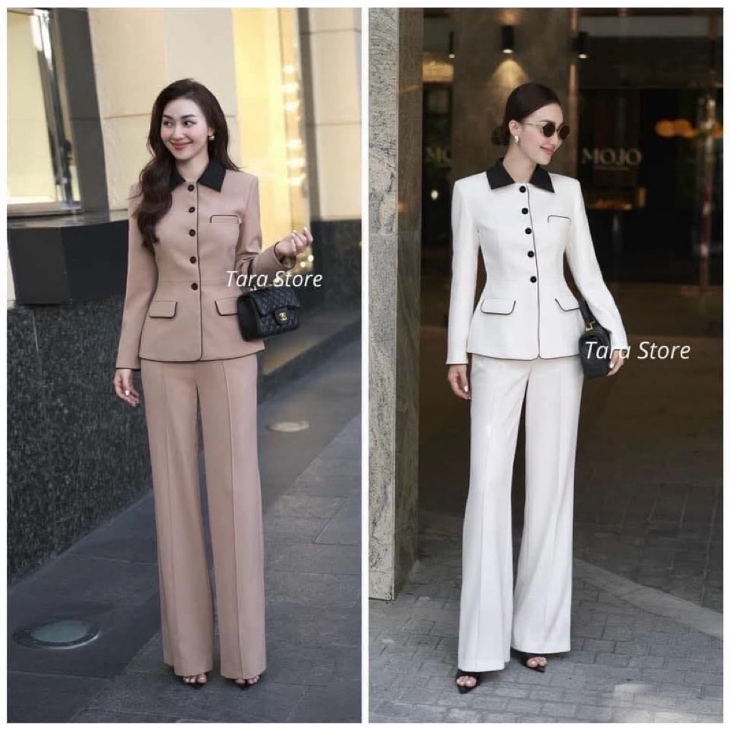 Tara store เซ็ท 2 ชิ้นผ้าสูทเสื้อคอปกกระดุมหน้า