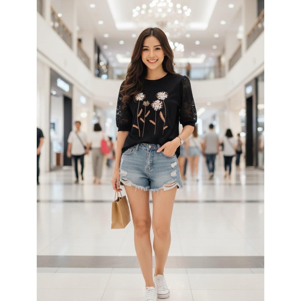 Jew_Berry #1159 เสื้อยืดคอกลมสีพื้น แขนลูกไม้โคเช อกสกรีนดอกไม้ และตกแต่งอะไหล่ดอกไม้สามดอก แฟชั่นสไตล์ใหม่ - รูปที่ 3