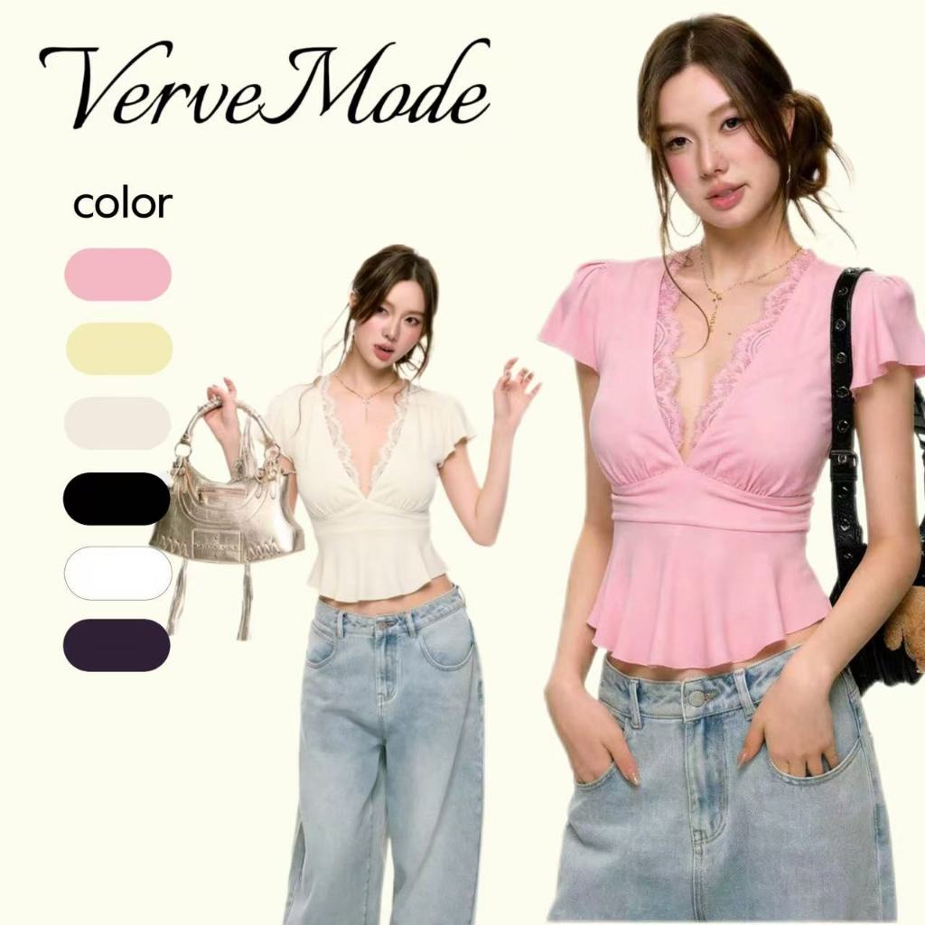 VerveMode.🍓จัดส่งในประเทศไทย🍓เสื้อสไตล์ใหม่สำหรับฤดูร้อน ดีไซน์เซ็กซี่สำหรับสาว ๆ คอวีลึก แขนระบาย