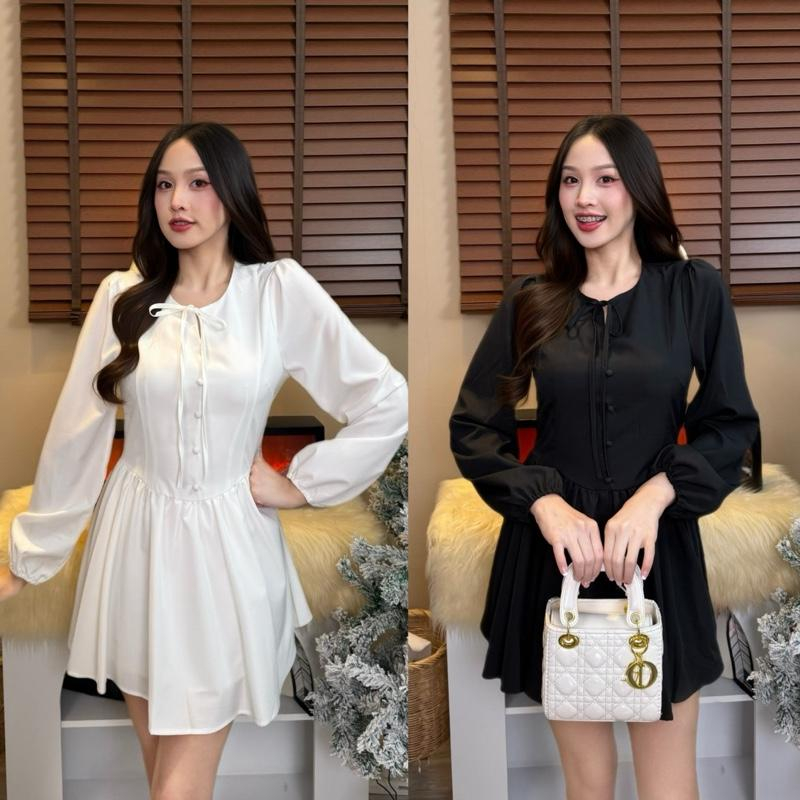 【Karlyn】DS0158# มินิเดรสแขนยาว คอกลม แต่งกระดุมยาว ผ้านุ่มเบาใส่สบาย  ใส่ได้หลายโอกาส