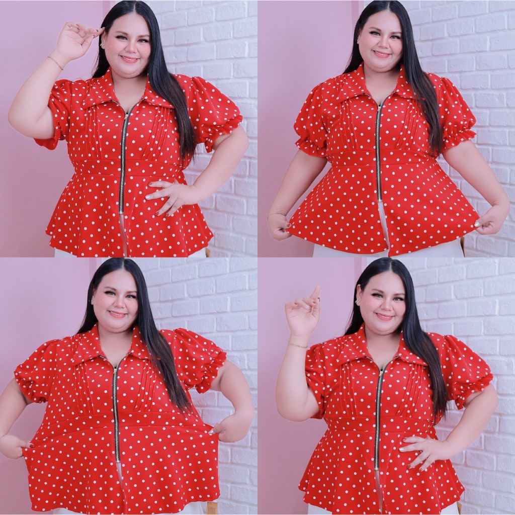 [ ส่งฟรี 🔥 ] เสื้อลายจุดซิปทองแขนตุ๊กตา ผ้าวูลเวฟ A351 เสื้อลายจุดไซส์ใหญ่สาวอวบ พลัสไซส์ คนอ้วน - รูปที่ 4