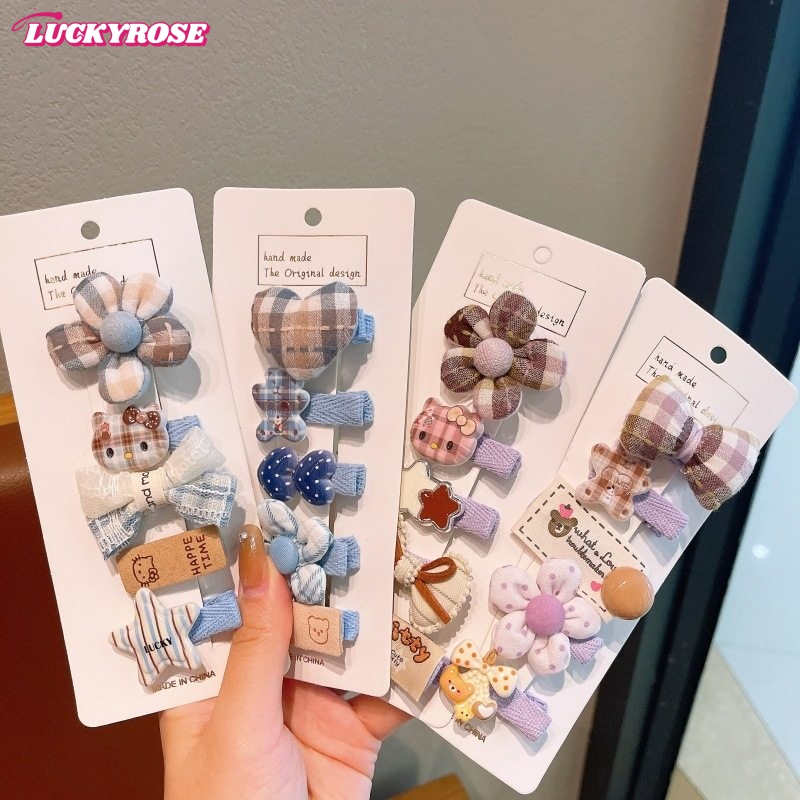 LUCKYROSE กิ๊บติดผมสำหรับเด็กสาวสุดคิวท์ ลายแมวโบว์ผ้าลายสก็อต สำหรับตกแต่งผมด้านหน้า