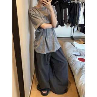[Solid color casual wide-leg pants]ผู้หญิงเกาหลีรุ่นวินเทจลายสก๊อตสีทึบสบาย ๆ แจ๊สเต้นรำกางเกงขากว้าง