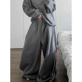 [Side-striped casual wide-leg pants]สไตล์อเมริกันวินเทจหญิงภาควิชาแจ๊สเต้นรำด้านข้างลายลำลองกางเกงขากว้าง