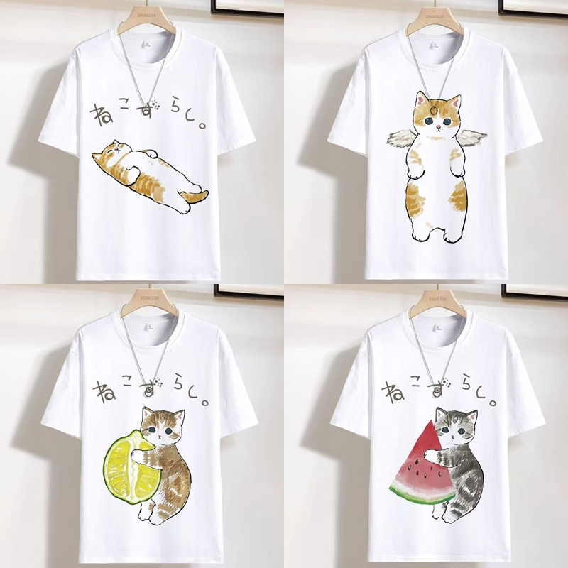 เสื้อยืดสกรีนลายแมว มีหลายแบบ สีขาว แขนสั้น ES441-ES445
