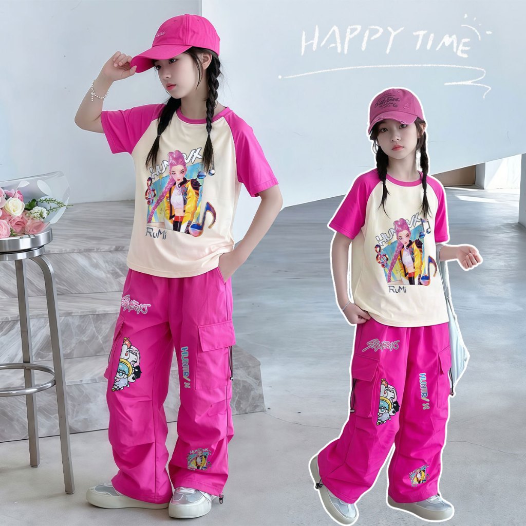 Beryl kids🌸ชุดเซ็ทเด็กผู้หญิง🎀ชุดลำลองเด็กสองชิ้น เสื้อแขนสั้นและกางเกงคาร์โก้ Kpop Demon Hunters งานใหม่น่ารัก ใส่สบาย