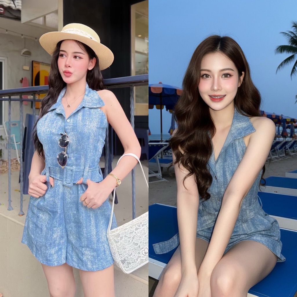 Teera❤️พร้อมส่ง✨จั๊มสูทคอปก ดีเทลโชว์หลัง ผ้ายีนส์ สม็อคหลัง มีเข็มขัด สวมง่าย goodluck