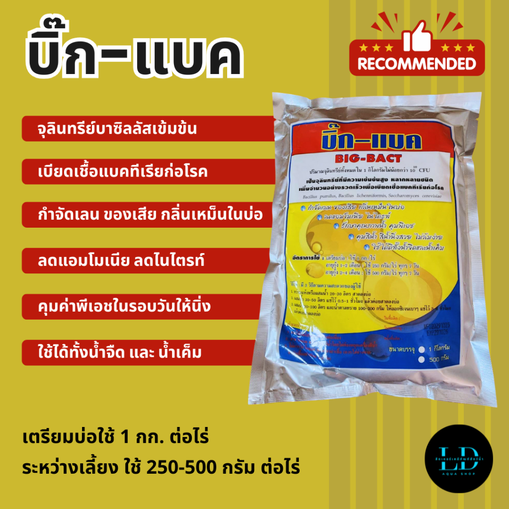 จุลินทรีย์ผง Big-Bact บิ๊ก-แบค กำจัดเลน ของเสียในน้ำ ลดกลิ่นเหม็น คุมค่าPh ใช้กับสัตว์น้ำทุกชนิด