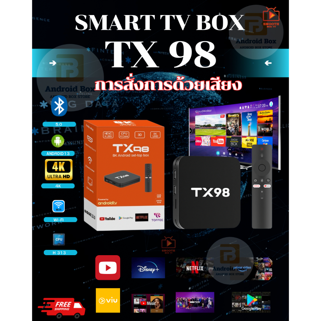 ราคาพิเศษ สเปคดี Android 15  Tx98  รองรับ Lan , Wifi, Bluetooth 5.0 คมชัดระดับ 4K  ดูฟรีไม่มีรายเดือ