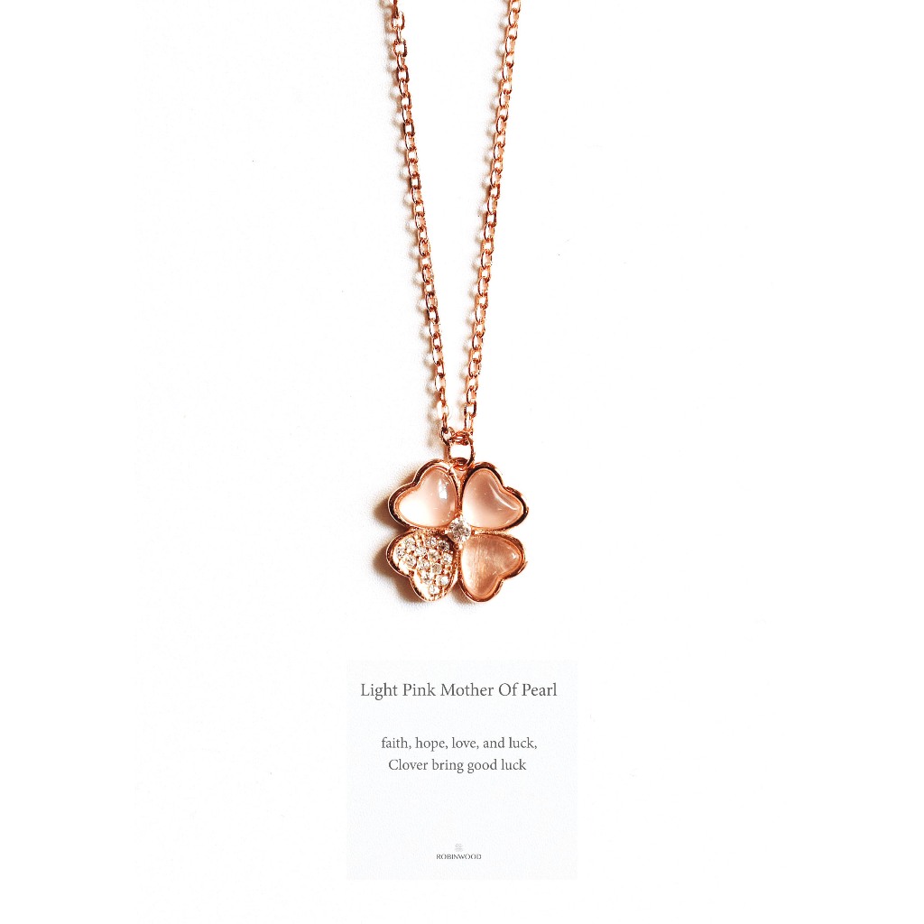 สร้อยคอเงินเเท้โคลเวอร์ Pink Mother Of Pearl Clover หินมงคลเสริมเรื่องความรัก