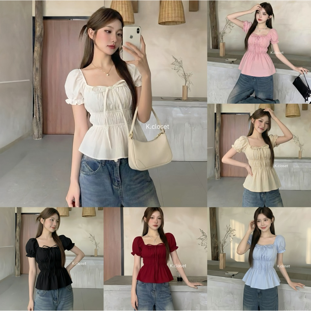 เสื้อแขนตุ๊กตาทรงน่ารักสม็อคเอว สาวอวบใส่ได้อกถึง 40 นิ้ว Lindy Smock Blouse
