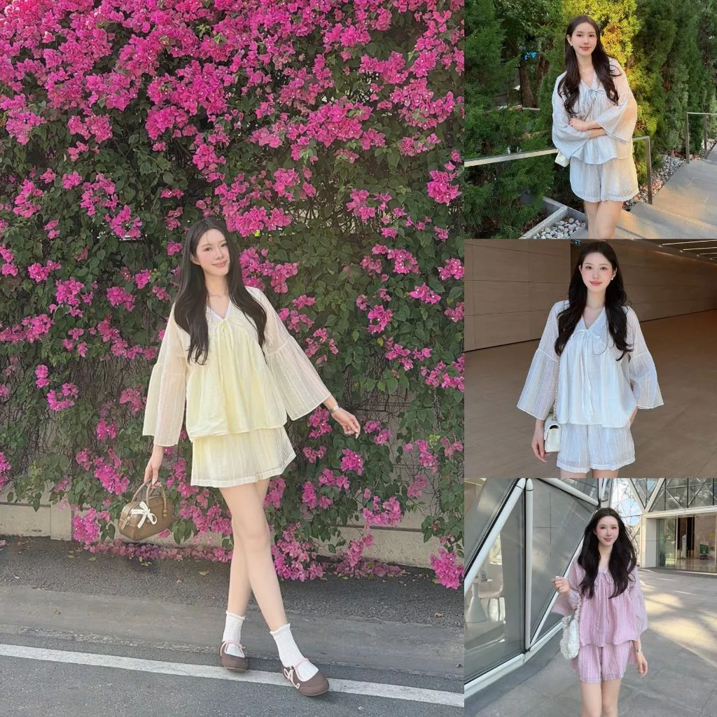 ส่งทันที 🚨 เพิ่มซับใน ขาว/เหลือง/ฟ้า SLYQ BELLE V NECK BLOUSE & SHORTS SET เซ็ตเสื้อเบลาส์แขนยาวคอวีและกางเกงขาสั้น