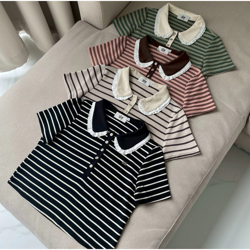SISSY : เสื้อโปโลแขนสั้น (XS-XXL) คอบัวแต่งขอบลูกไม้ 2 ชั้น ปักอะไหล่เงิน ผ้าถัก cotton แมทซ์ง่ายทุกลุค