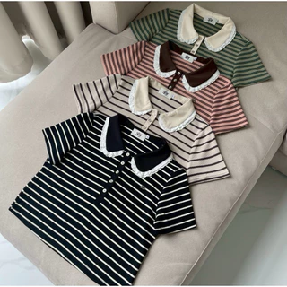 SISSY : เสื้อโปโลแขนสั้น (XS-XXL) คอบัวแต่งขอบลูกไม้ 2 ชั้น ปักอะไหล่เงิน ผ้าถัก cotton แมทซ์ง่ายทุกลุค