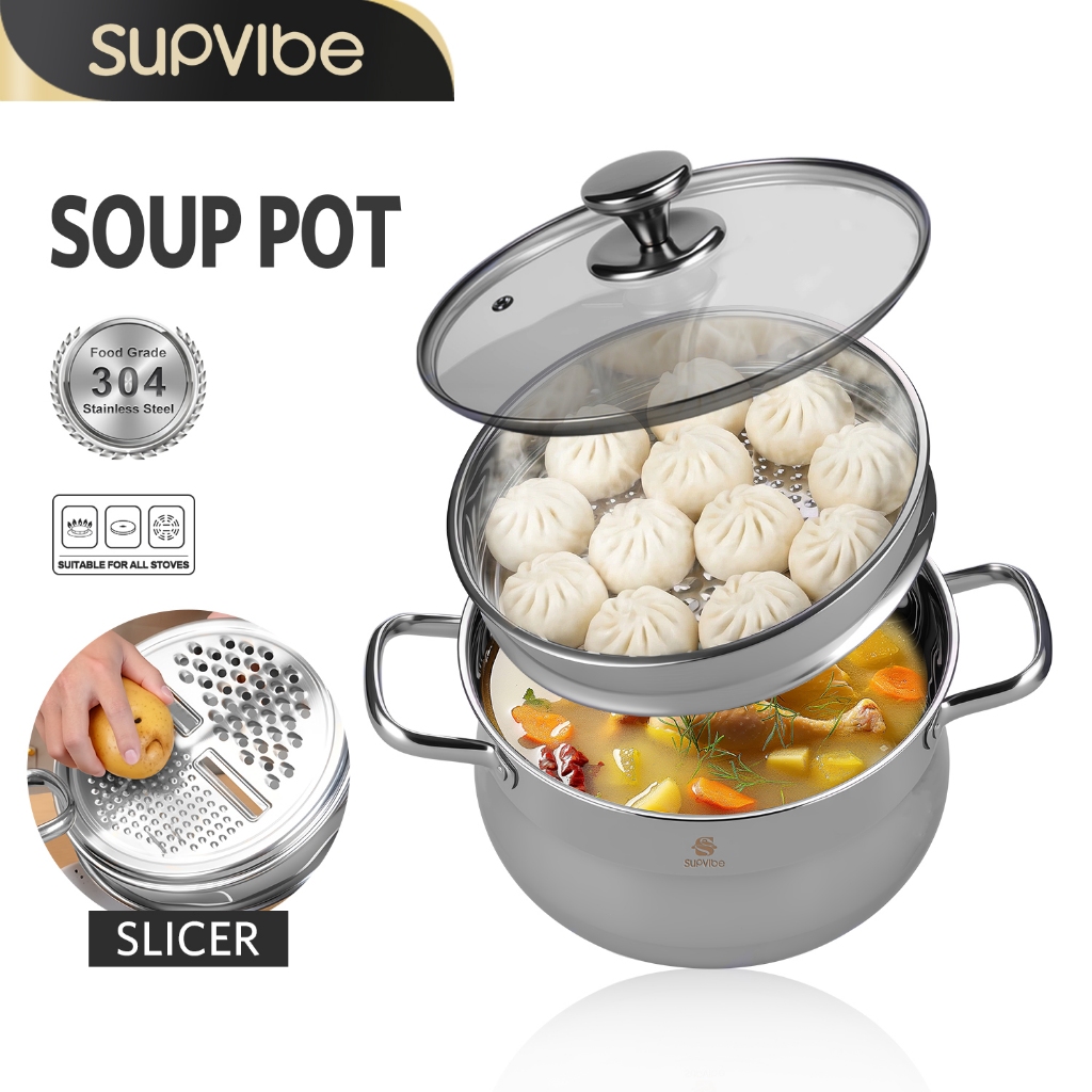 SUPVIBE หม้อซุปสแตนเลส 304 24CM พร้อมตะแกรงนึ่ง เครื่องนึ่งหั่นเป็นเส้นได้ กรงเดียวใช้ได้สองแบบ