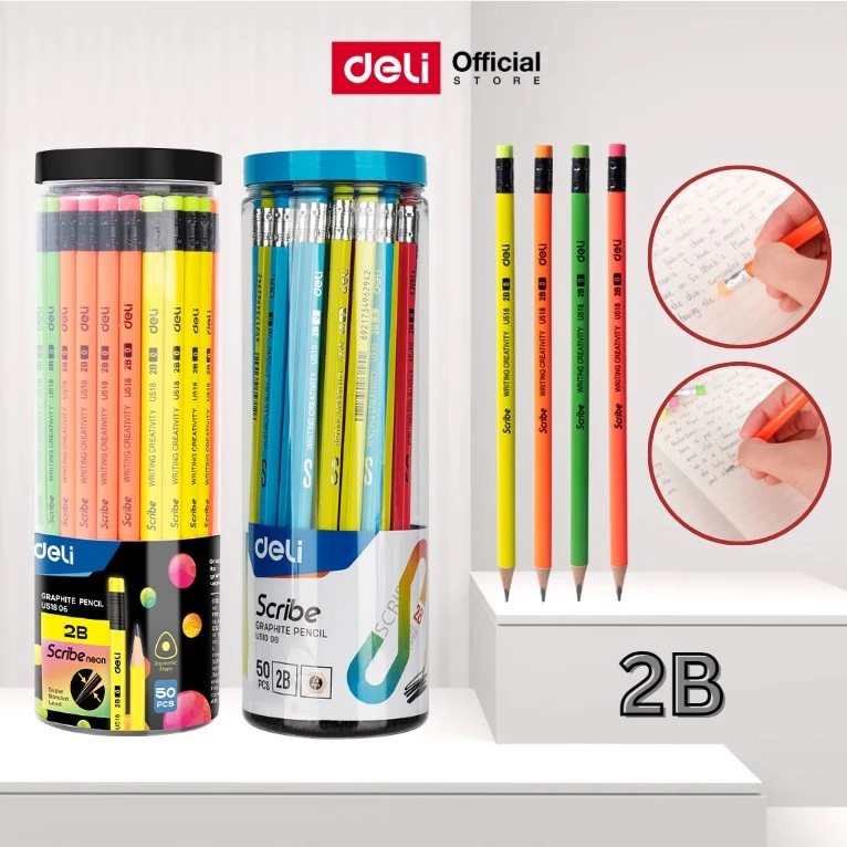 ดินสอ Deli กระปุก 50 แท่ง ไส้ 2B สี นีออน เขียนลื่น เหมาะทำข้อสอบ และใช้งานทั่วไป Pencil Box