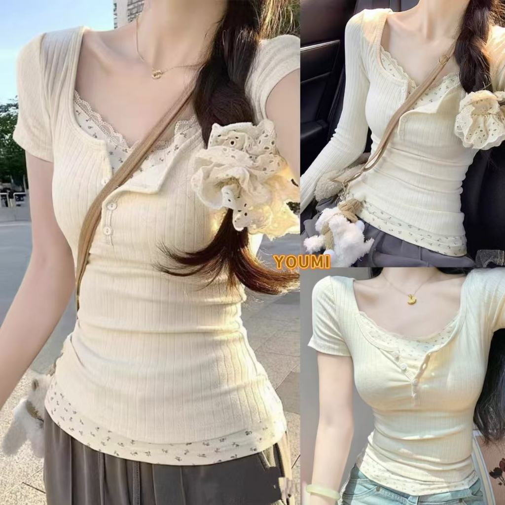 เสื้อยืดแขนสั้นลายดอกไม้  คอกลม ดีไซน์ 2ชั้น เสื้อยืดผู้หญิง ใส่สบาย สาวอวบใส่ได้