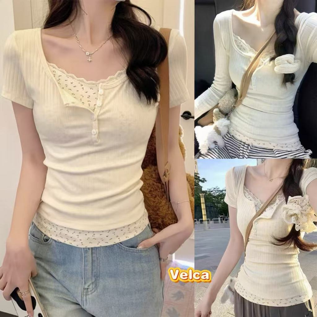 Velca เสื้อยืดแขนสั้นลายดอกไม้  คอกลม ดีไซน์ 2ชั้น เสื้อยืดผู้หญิง ใส่สบาย สาวอวบใส่ได้ Velca