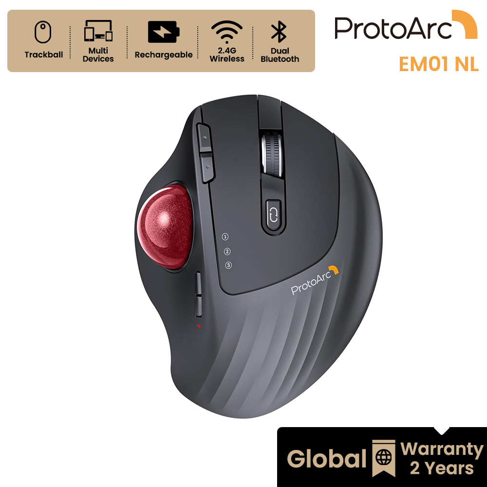 ProtoArc EM01 NL เมาส์แทร็กบอล ไร้สาย 2.4G + Bluetooth คู่ ชาร์จได้ รับประกันทั่วโลก 2 ปี